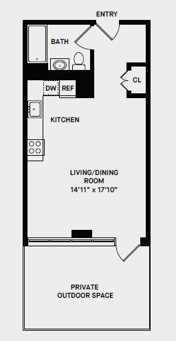 Floor plan for studio, 1 bath, 403 sqft